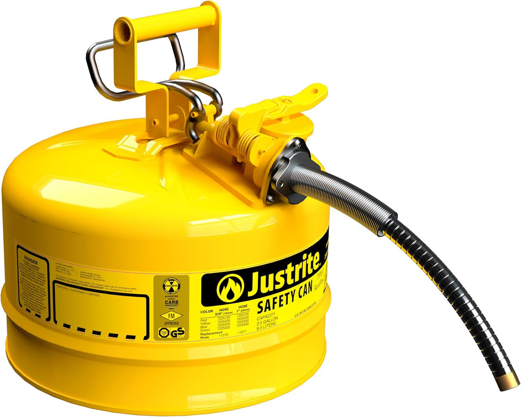 Justrite 5-Gallon Type II Red Safety Gas Can OSHA-Approved Steel Fuel Container with Flame Arrester, Self-Closing Lid & 1" Flexible Spout (7250130)