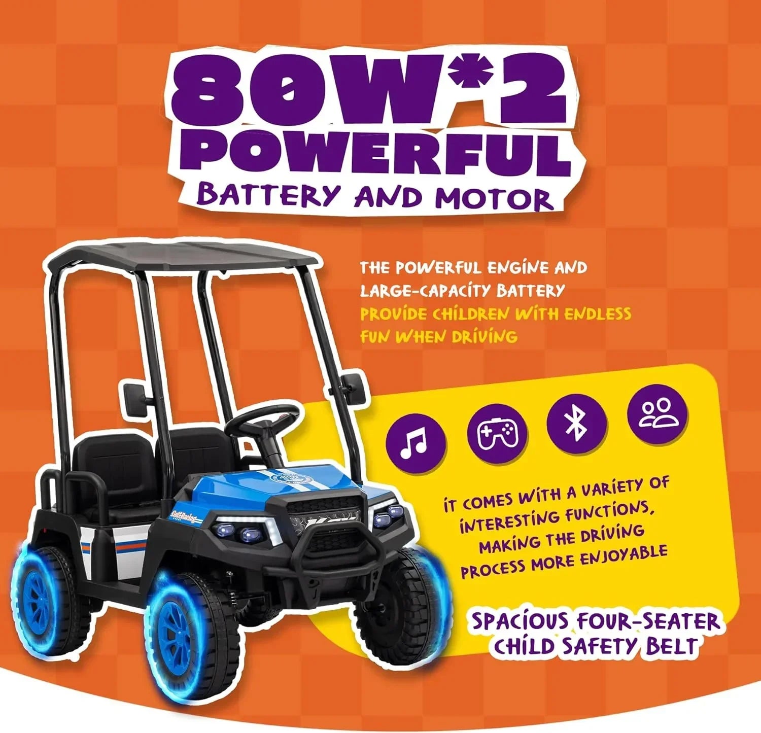 24V 7AH Childrens Golf Cart with Remote Control Removable Awning 4-Wheel Spring Suspension