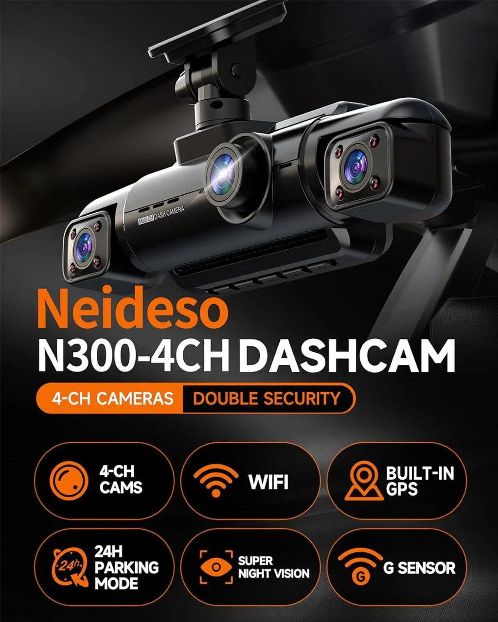 360° Dash Cam 4-Channel FHD 4*1080P Wi-Fi GPS Voice Control Car Camera Front 2K+1080P