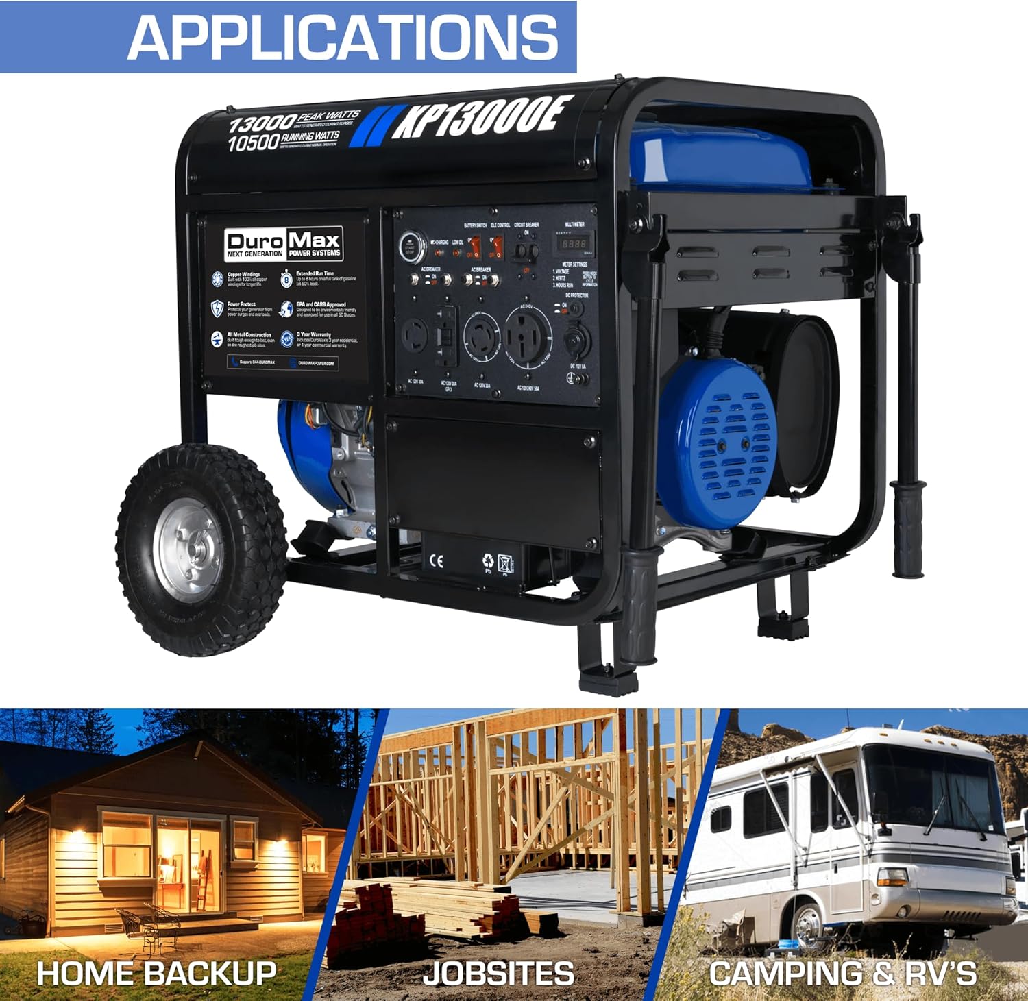 DuroMax XP13000EH 13,000-Watt Dual Fuel Portable Generator - Gas & Propane, Electric Start, Whole Home Backup Power, Transfer Switch Ready, RV & Emergency Ready