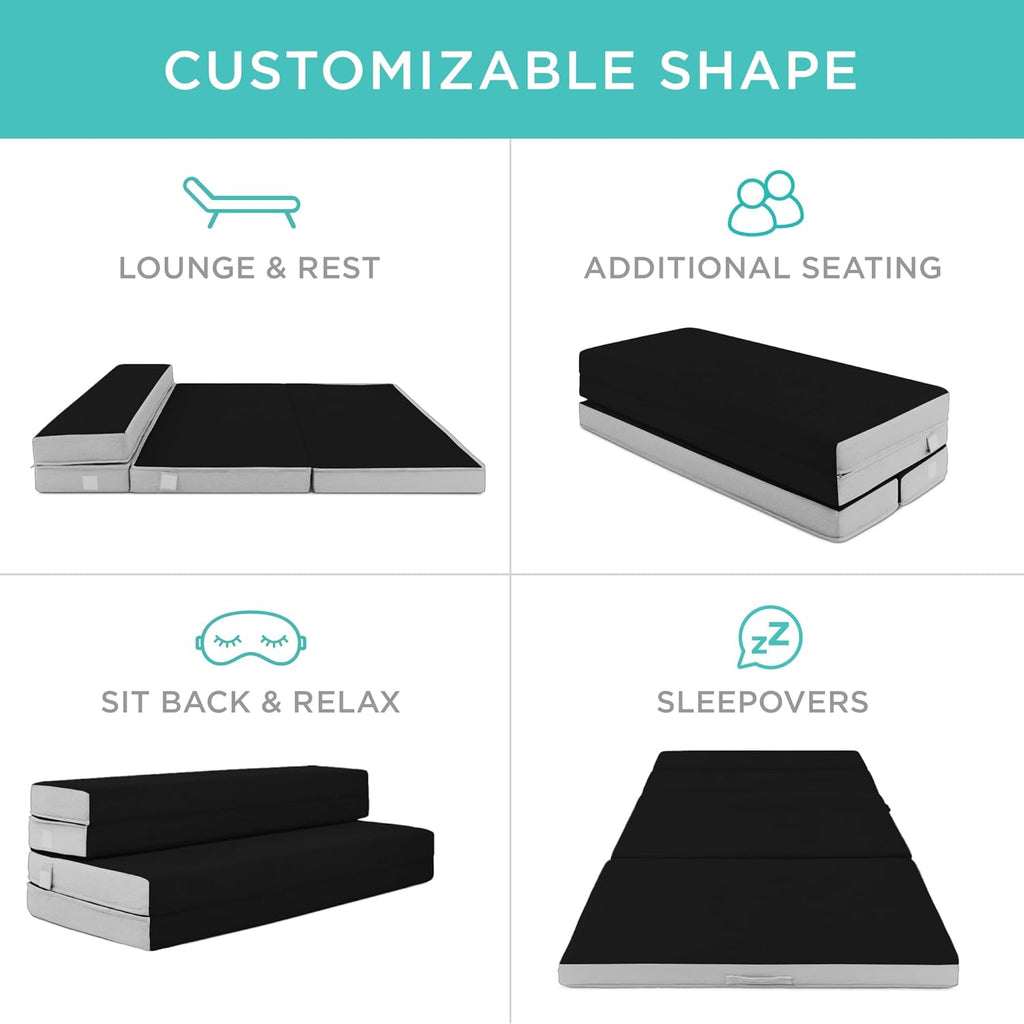 4in Portable Queen-Size Mattress, Tri-Fold Mattress for Camping, Guest, Toddler