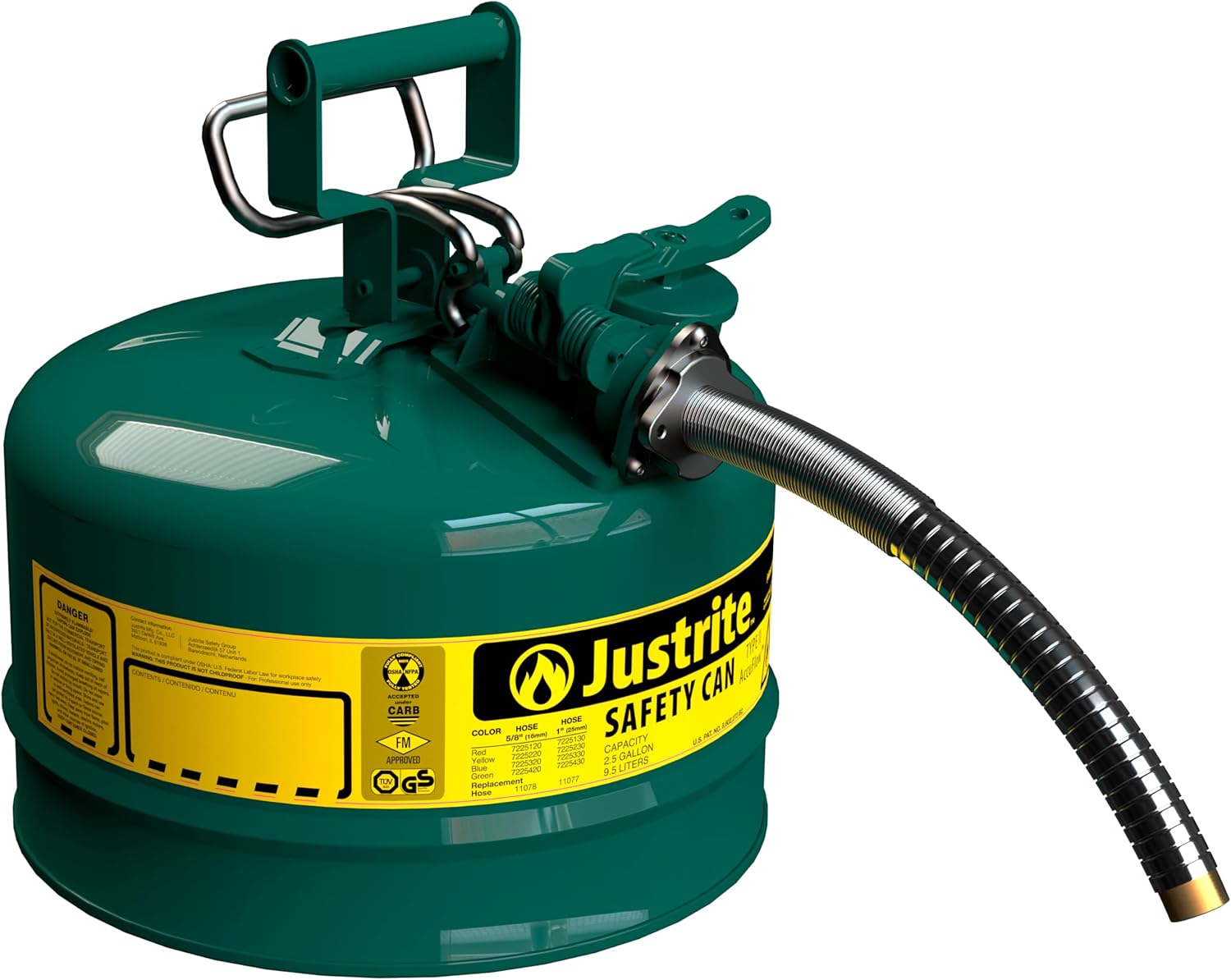 Justrite 5-Gallon Type II Red Safety Gas Can OSHA-Approved Steel Fuel Container with Flame Arrester, Self-Closing Lid & 1" Flexible Spout (7250130)