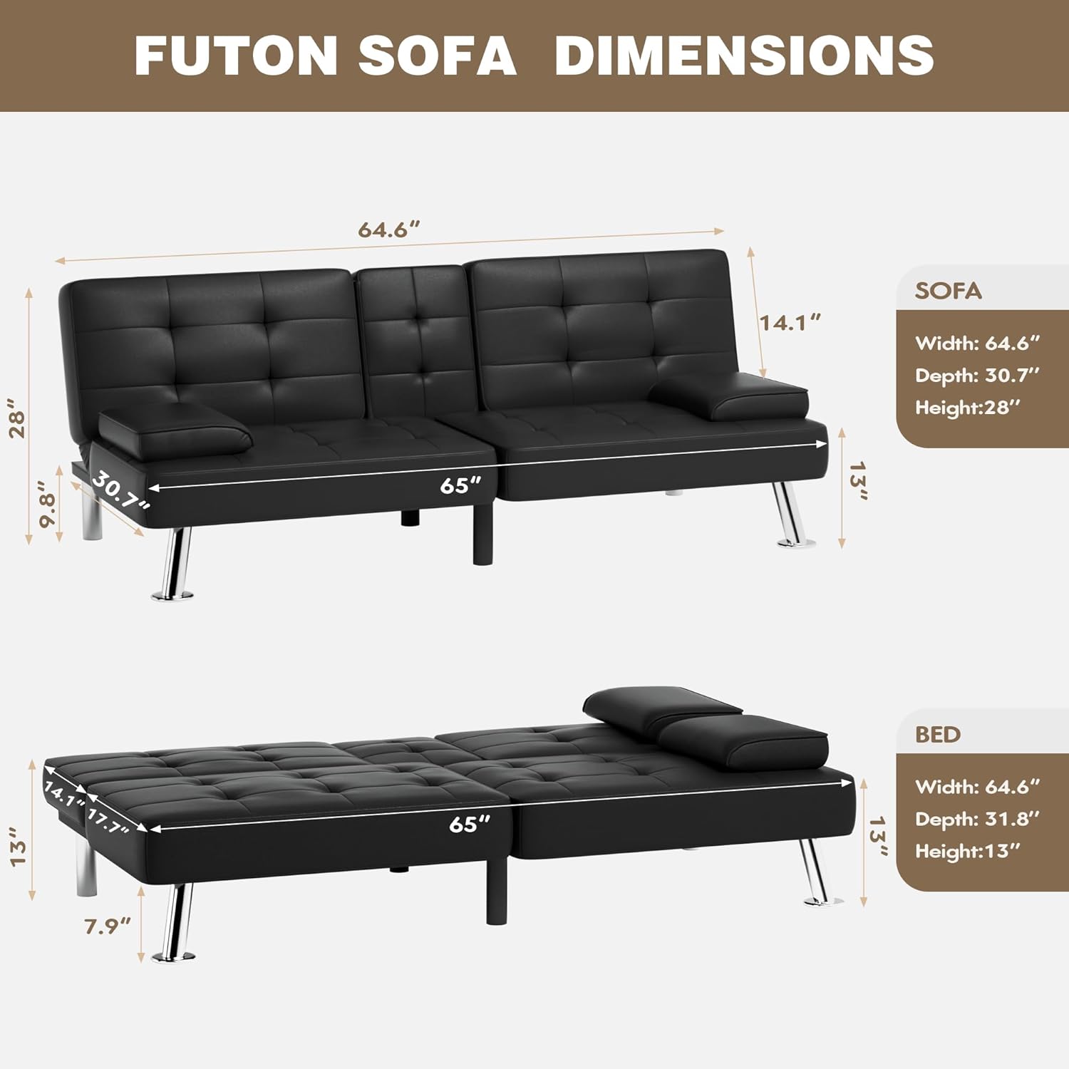 Homall Futon Sofa Bed, Leather Futon Couch with Removable Armrests, Adjustable Recliner Sleeper Sofa Bed with Dual Cup Holders for Living Room, Apartment, Office (Black)
