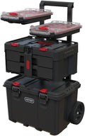 Keter Stack-n-Roll Modular Tools Organizer for Garage Storage and DIY, 3 Piece Resin Rolling Tool Box System for Small Parts