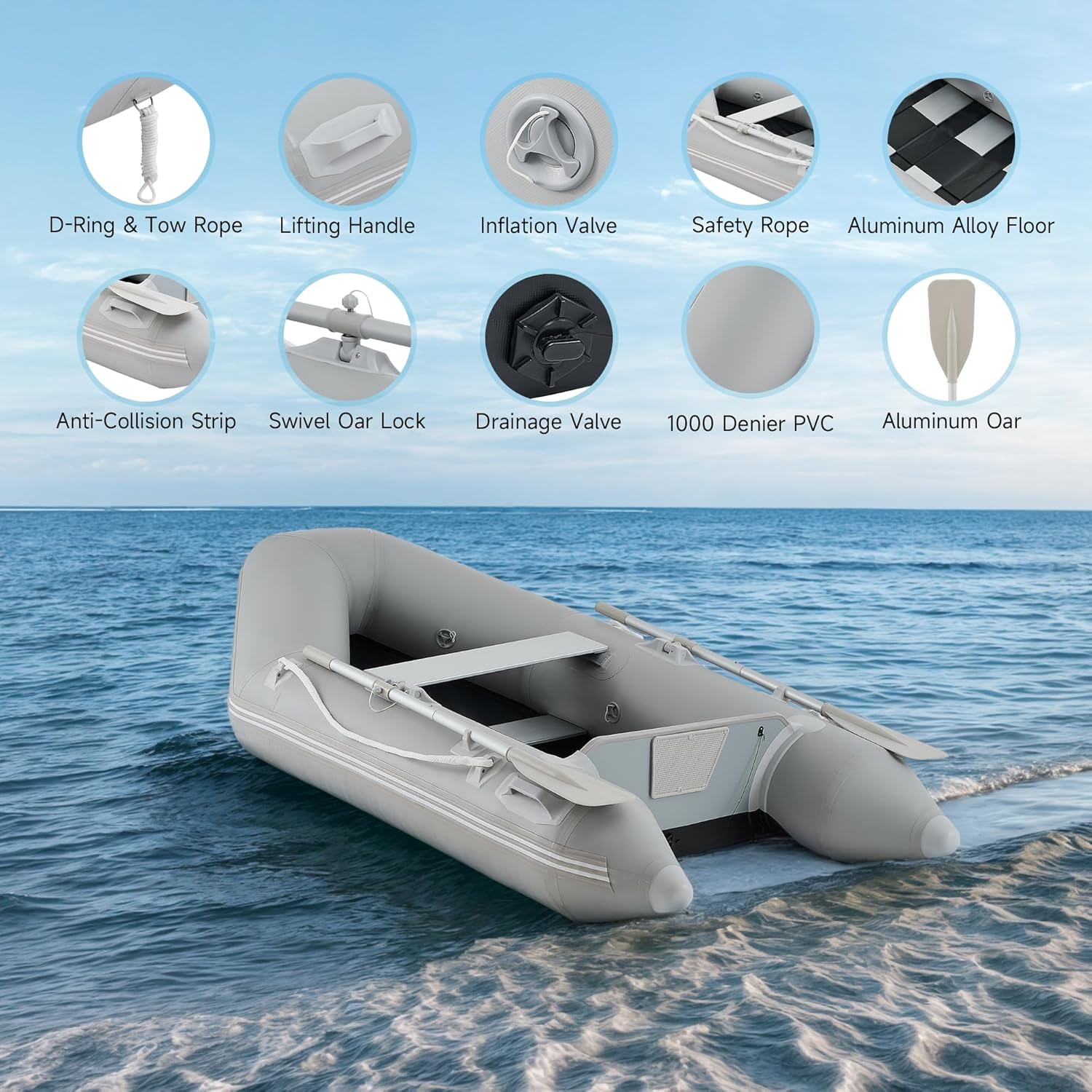 CREWORKS 7.5ft Inflatable Dinghy Boat, 2 Person 660lb Transom Sport Tender Boat with Pump Aluminum Oars Floor, Heavy Duty Inflatable Raft Kayak for Adults