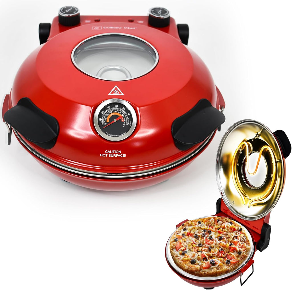 Electric Pizza Oven with Ceramic Stone, Viewing Window, Adjustable Heat Control, Timer and 1200W Baking Power, DIY Homemade Pizzeria, Large 12 Pie Capacity (Black)