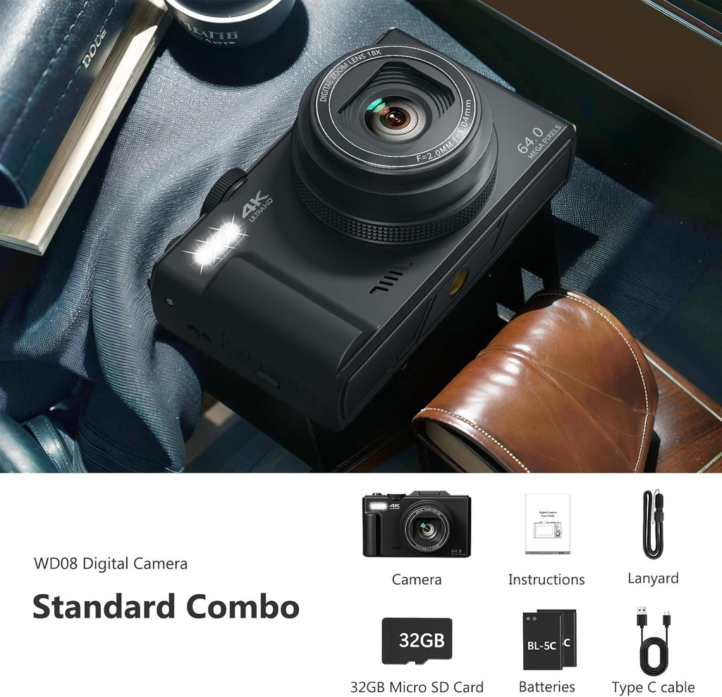 4K Digital Camera for Photography, 64MP Vlogging Camera for YouTube with 3" 180° Flip Screen, 18X Digital Zoom Point and Shoot Camara with 32GB Micro SD Card for Beginner (Black)