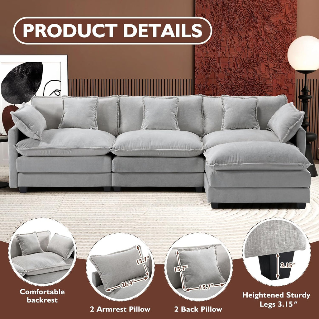 111.4 Inch L-Shaped Modern Sofa Modular Cloud Sofa Ottoman 4-Seater Chenille Deep Seat Sofa
