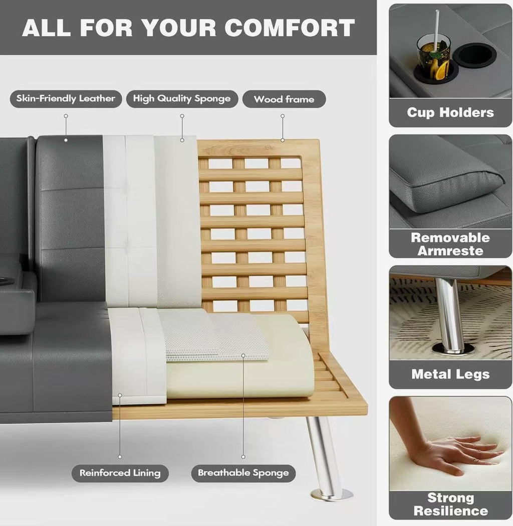 Homall Futon Sofa Bed, Leather Futon Couch with Removable Armrests, Adjustable Recliner Sleeper Sofa Bed with Dual Cup Holders for Living Room, Apartment, Office (Black)
