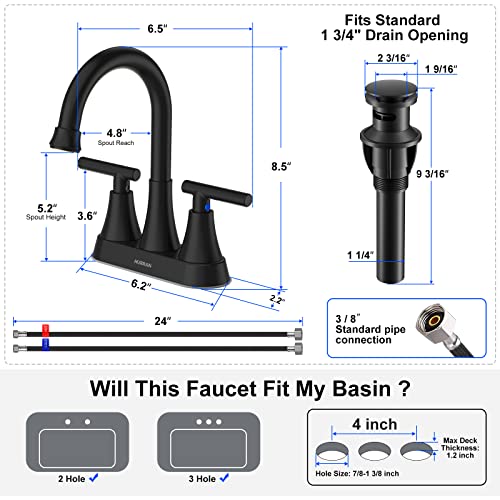 Bathroom Faucets for Sink 3 Hole, Hurran 4 inch Matte Black Bathroom Sink Faucet with Pop-up Drain
