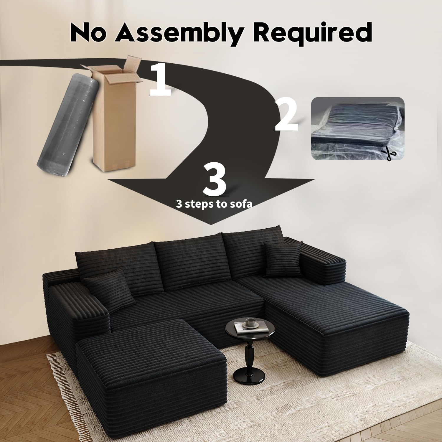 107.5" Cloud Modular Sectional Sofa Couch with L-Shape Chaise,Modern Minimalist Upholstered Couches for Living Room Bedroom,Deep Seat Corner Couch，No Assembly Required (Black,Left Facing Chaise)