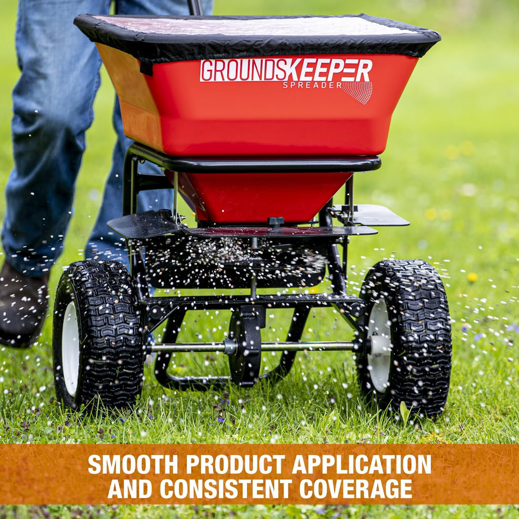 Buyers Products 3039632R Grounds Keeper Commercial Walk Behind Push Spreader, 100lb Capacity, For Salt, Ice & Snow Melt, Included Grate & Cover With Enclosed Gearbox for Protection