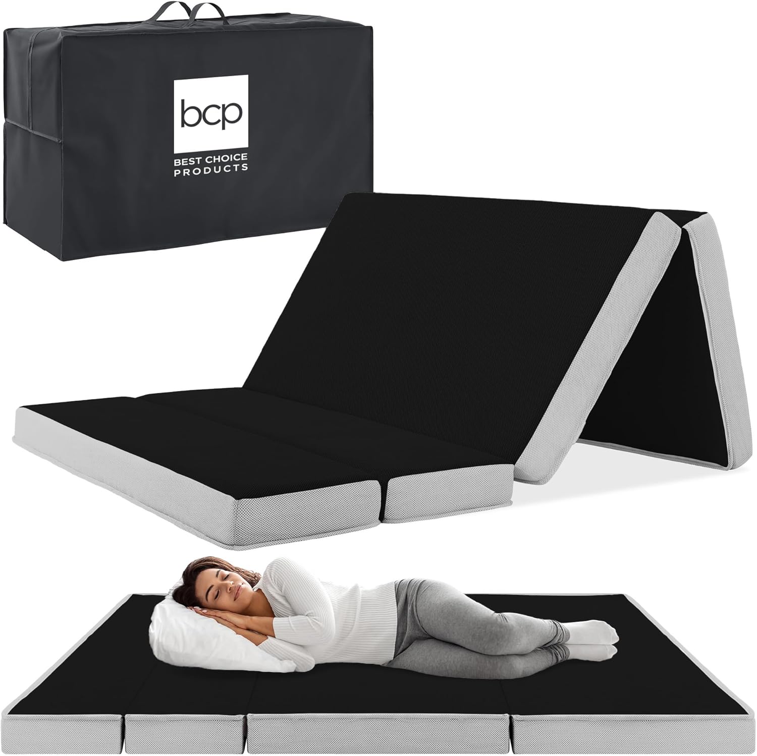 4in Portable Queen-Size Mattress, Tri-Fold Mattress for Camping, Guest, Toddler