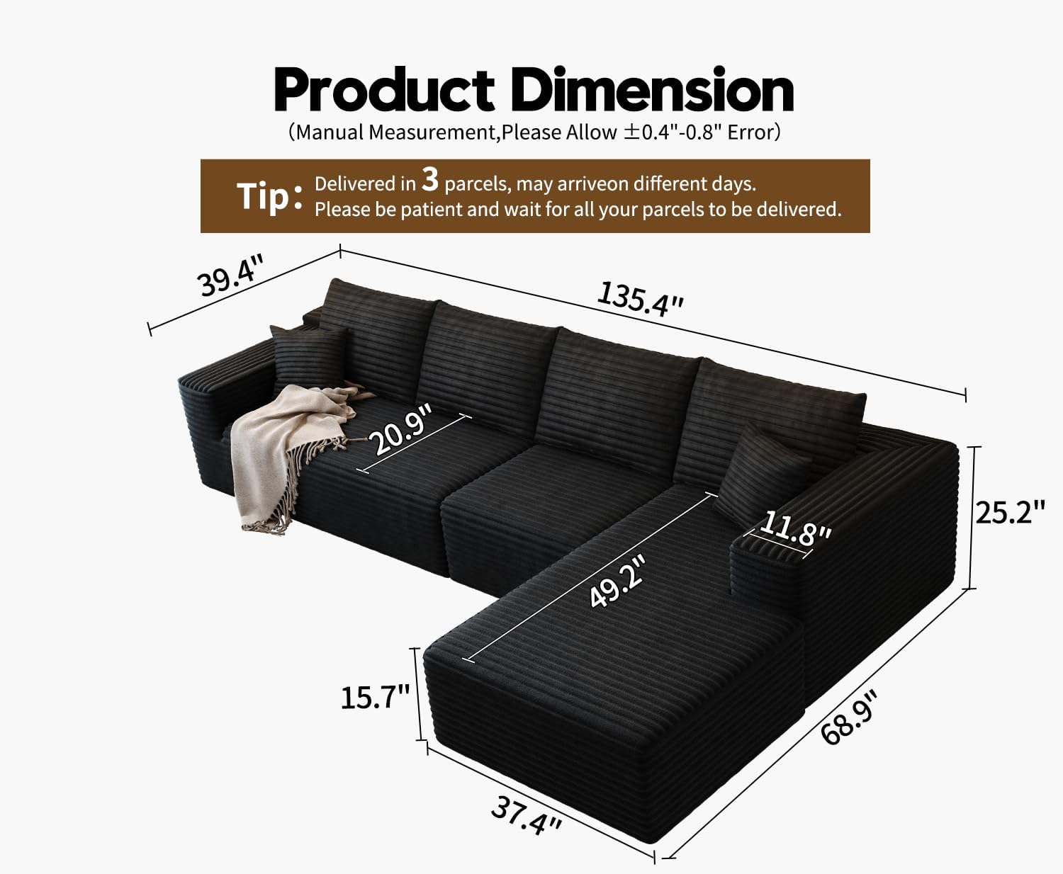 107.5 inch Cloud Modular Sectional Sofa with L-Shaped Chaise Lounge, Modern Minimalist Upholstered Sofa Deep Seating Corner Sofa