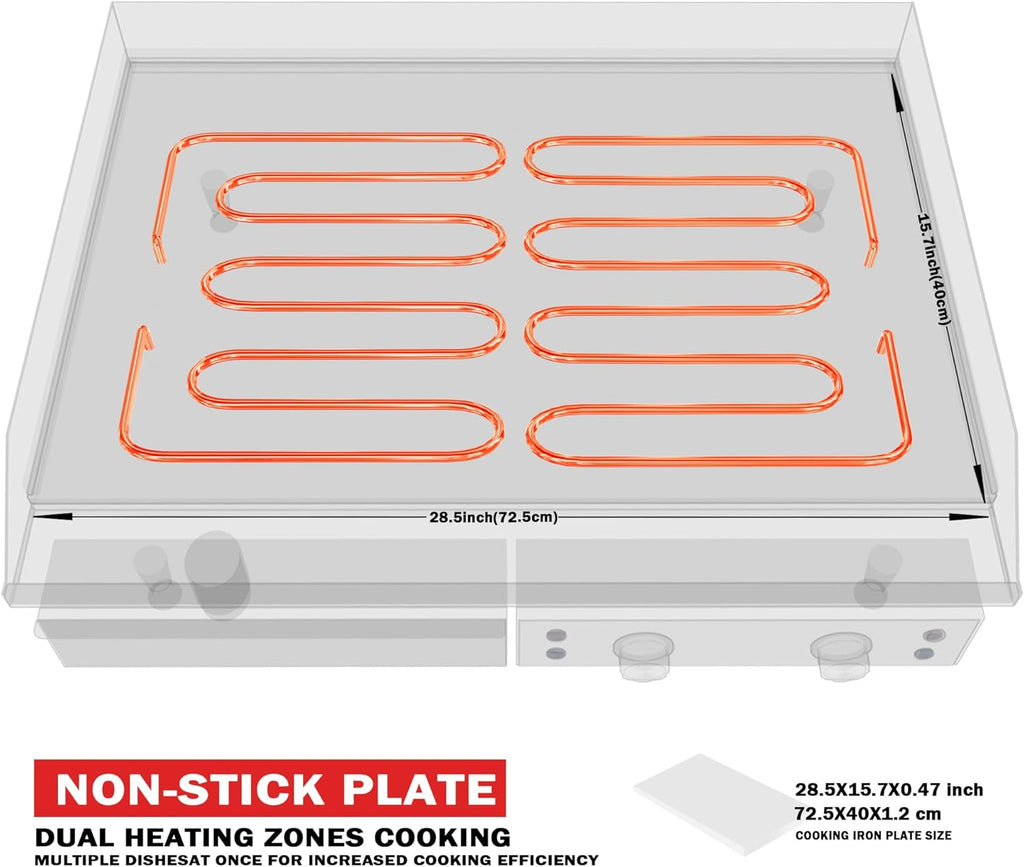 14 Inch Electric Griddle, Non-Stick Flat Top Grill Commercial Electric Countertop Griddles Stainless Steel Adjustable Temperature Control 90掳F-575掳F for Home or Restaurant Use