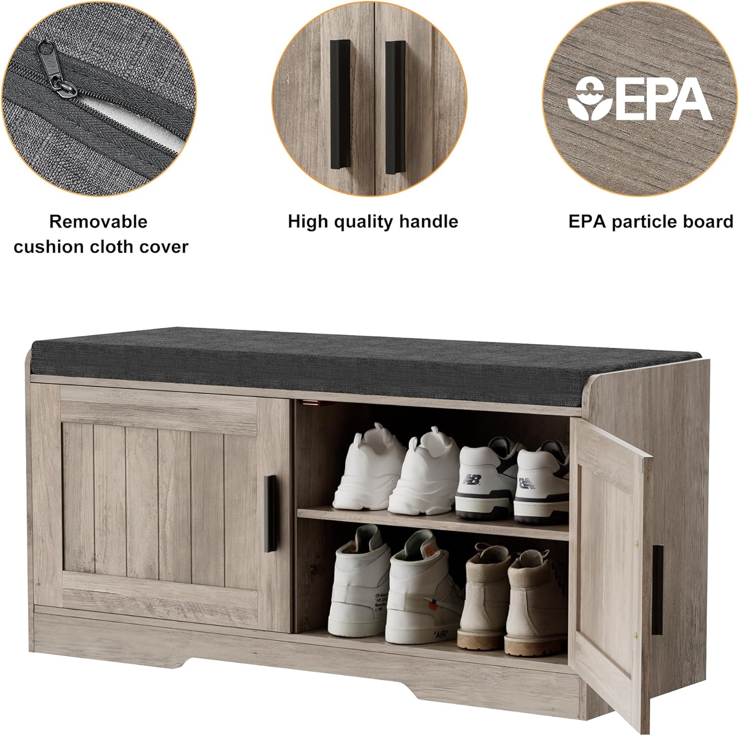 2-Tier Storage Bench, Shoe Bench with Thickened Padded Seat Cushion, Entryway Bench with 4 Doors, Adjustable Shelf, 13.8" D x 45.3" W x 18.5" H, for Entryway, Living Room, Bedroom, White