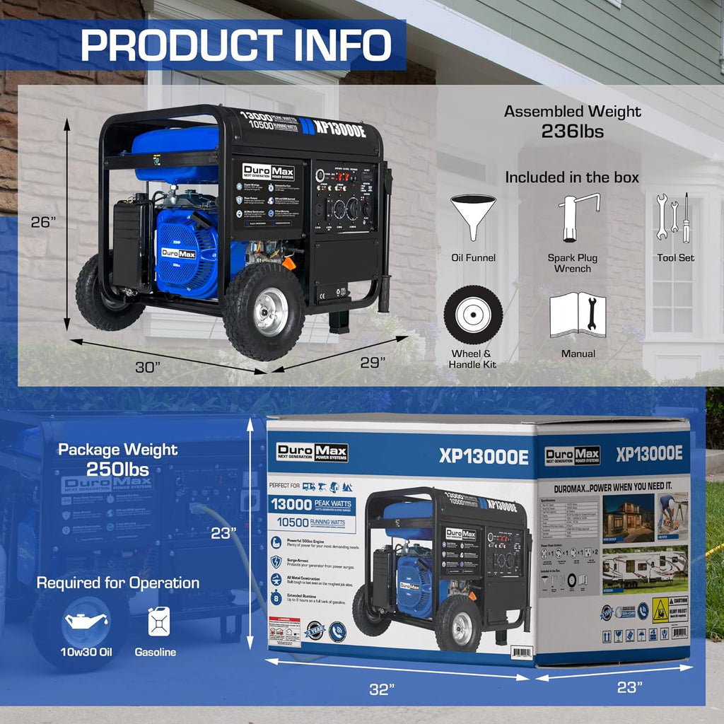 DuroMax XP13000EH 13,000-Watt Dual Fuel Portable Generator - Gas & Propane, Electric Start, Whole Home Backup Power, Transfer Switch Ready, RV & Emergency Ready