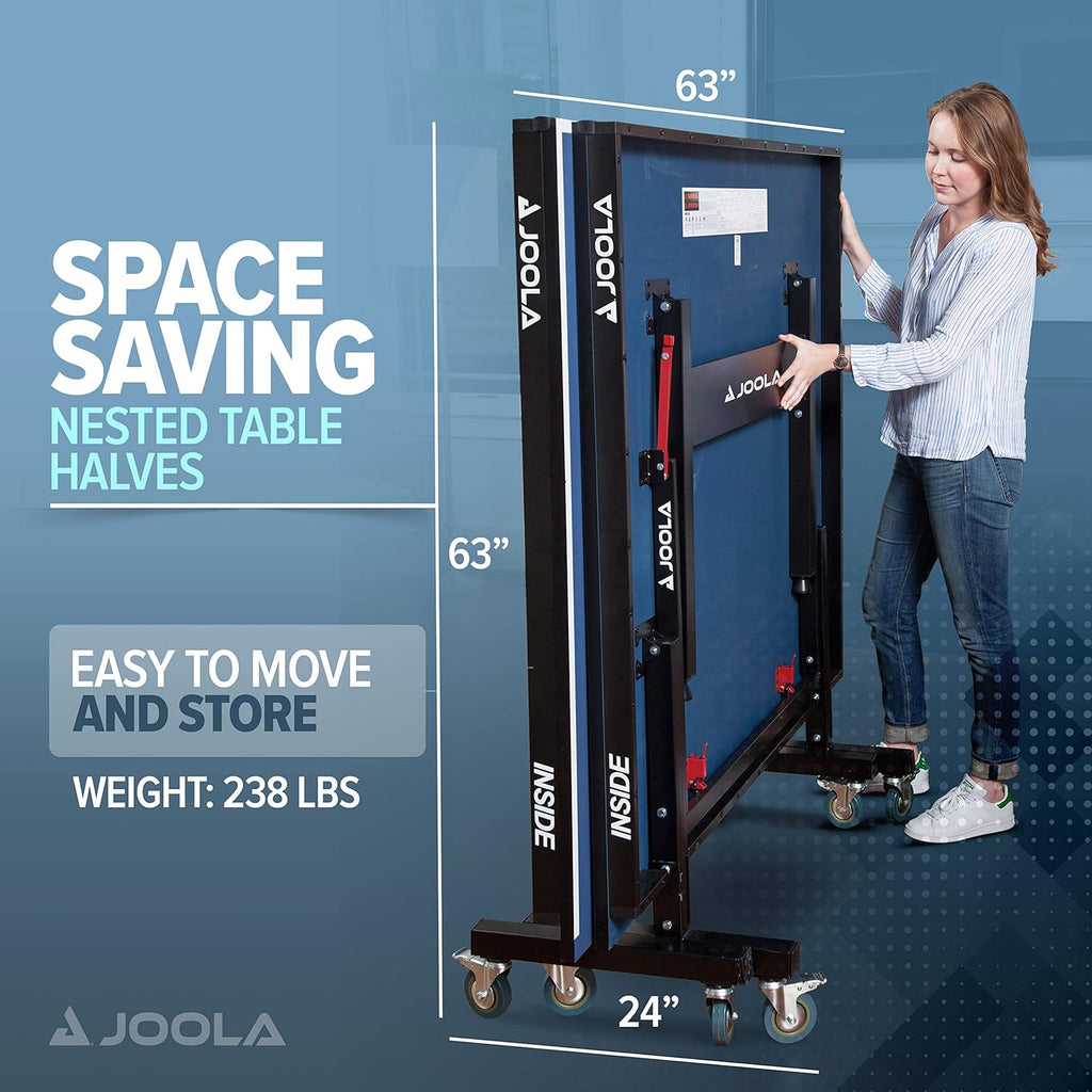 JOOLA Inside Professional MDF Indoor Ping Pong Table with Quick Clamp Table Tennis Net and Post Set - 10 Minute Easy Assembly - Tournament Quality - Foldable with Single Player Playback Mode