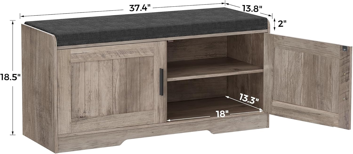 2-Tier Storage Bench, Shoe Bench with Thickened Padded Seat Cushion, Entryway Bench with 4 Doors, Adjustable Shelf, 13.8" D x 45.3" W x 18.5" H, for Entryway, Living Room, Bedroom, White