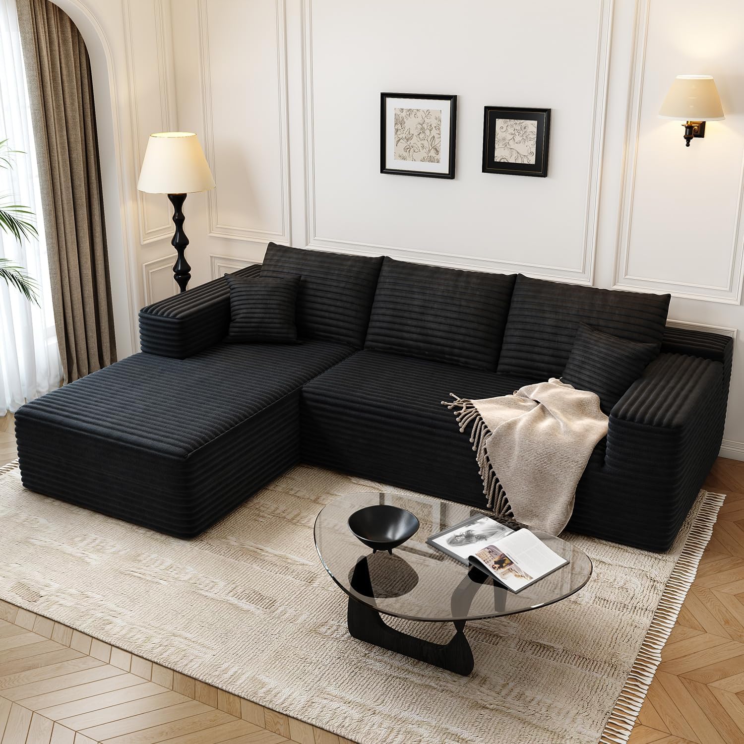 107.5" Cloud Modular Sectional Sofa Couch with L-Shape Chaise,Modern Minimalist Upholstered Couches for Living Room Bedroom,Deep Seat Corner Couch，No Assembly Required (Black,Left Facing Chaise)