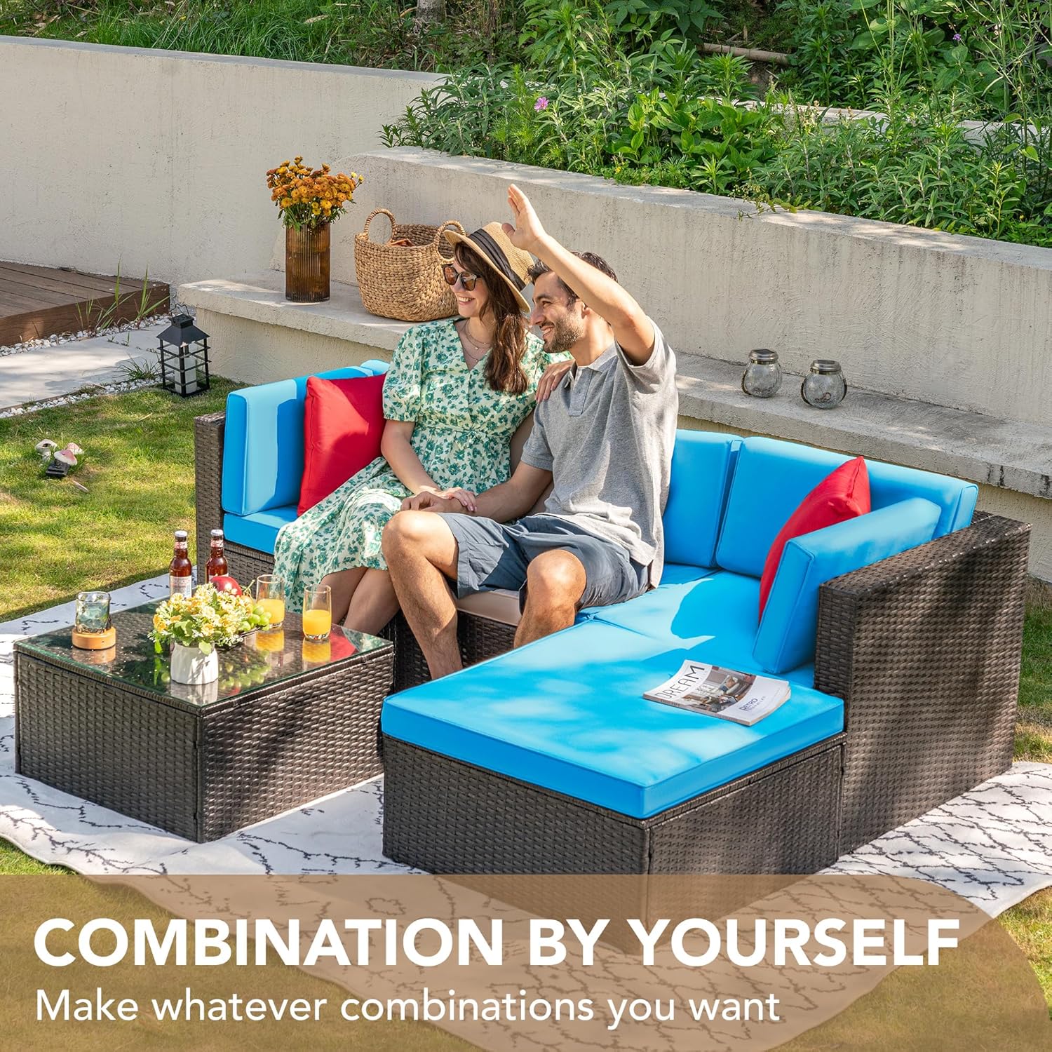 Devoko 5 Pieces Patio Furniture Sets All Weather Outdoor Sectional Patio Sofa Manual Weaving Wicker Rattan Patio Seating Sofas with Cushion and Glass Table(Beige)