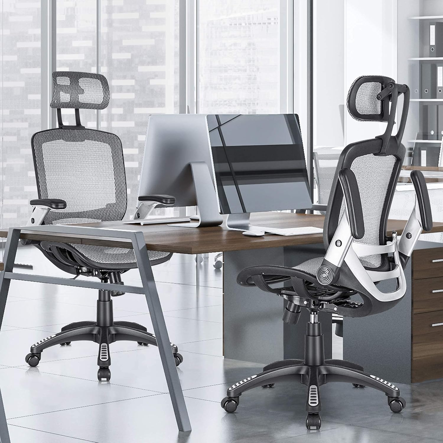 GABRYLLY Ergonomic Office Chair, High Back Home Desk Chair with Headrest, Flip-Up Arms, 90-120° Tilt Lock and Wide Cushion, Big and Tall Mesh Chairs for Man Woman, Black Task Chair