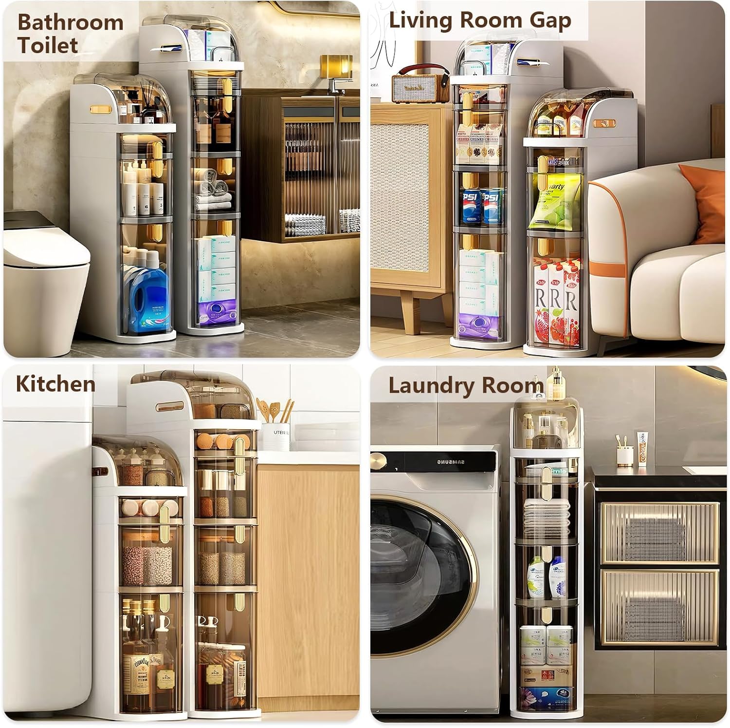 4-Tiers Narrow Bathroom Storage Cabinet 7.1 Slim Bathroom Floor Organizer with Drawers and Tissue Box Plastic Waterproof Mobile Locker
