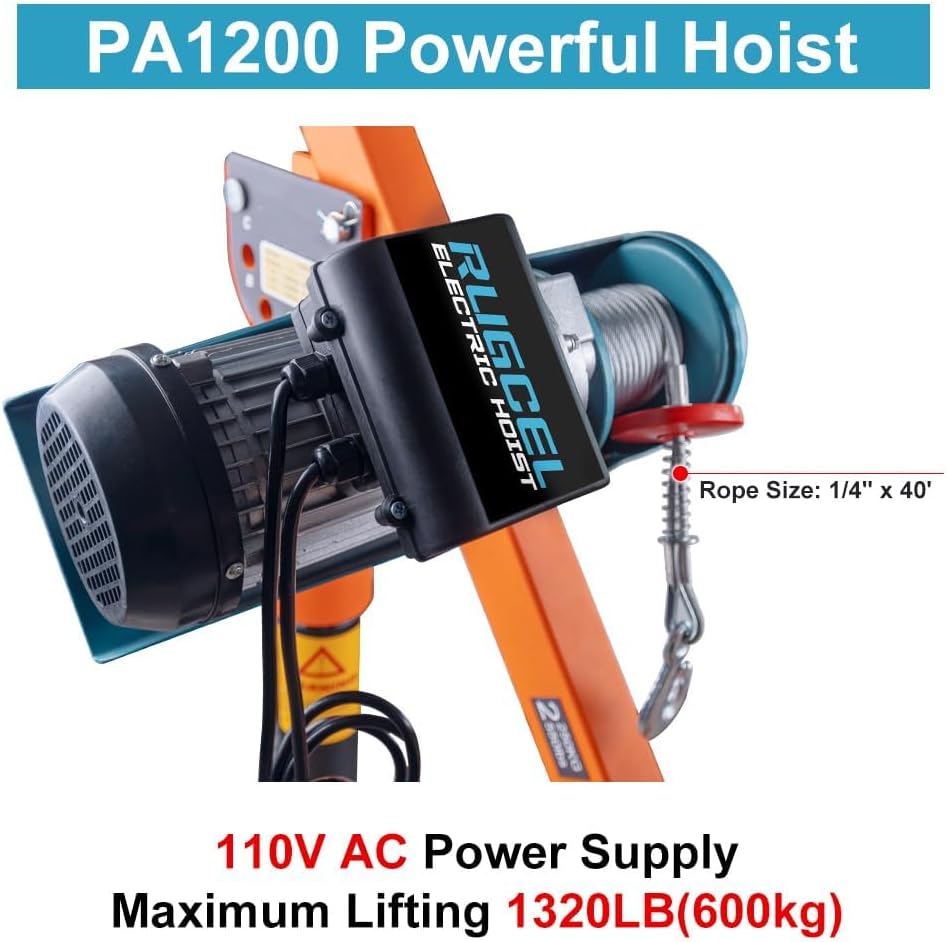 1100lb Folding Dismountable Household Hoist Truck Crane with Electric Hoist (110V) 880lb Pulling Force, Jib Cranes for Factory, Warehouse, Construction