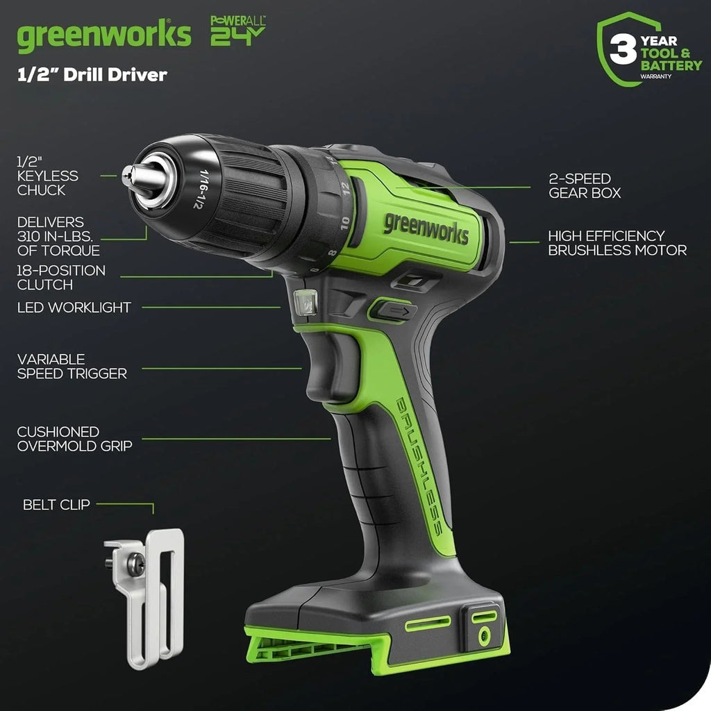 24V Brushless Cordless Drill Impact Driver Power Tool Combo Kit Included 1/2”Drill & 1/4”Hex