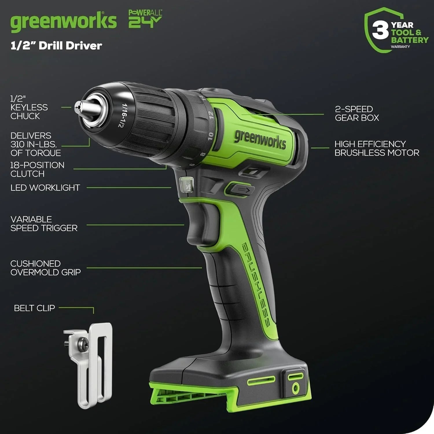 24V Brushless Cordless Drill Impact Driver Power Tool Combo Kit Included 1/2”Drill & 1/4”Hex