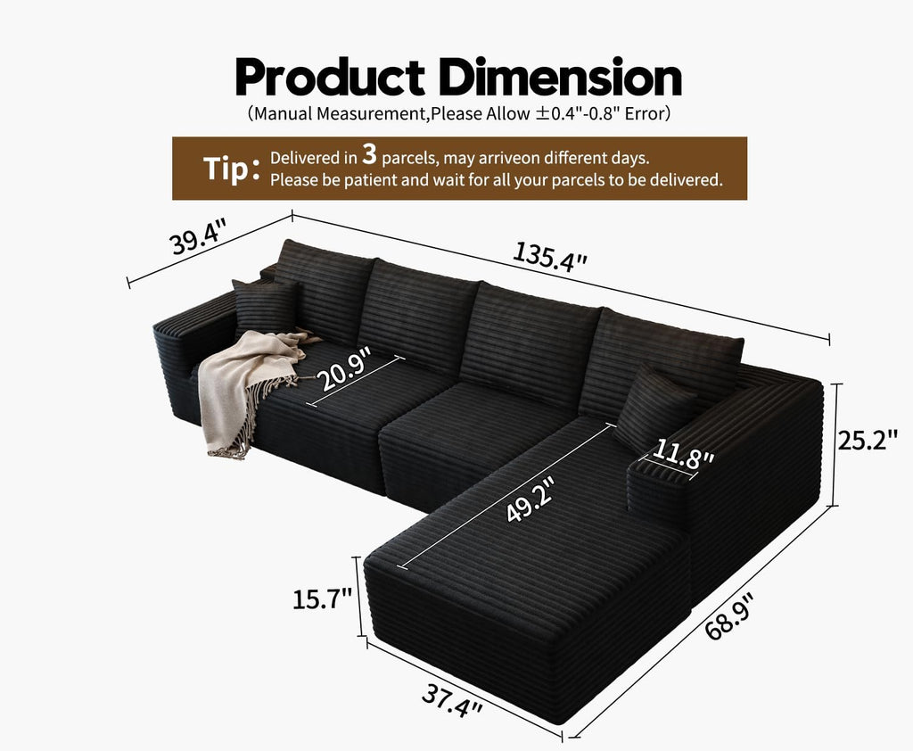 107.5" Cloud Modular Sectional Sofa Couch with L-Shape Chaise,Modern Minimalist Upholstered Couches for Living Room Bedroom,Deep Seat Corner Couch，No Assembly Required (Black,Left Facing Chaise)