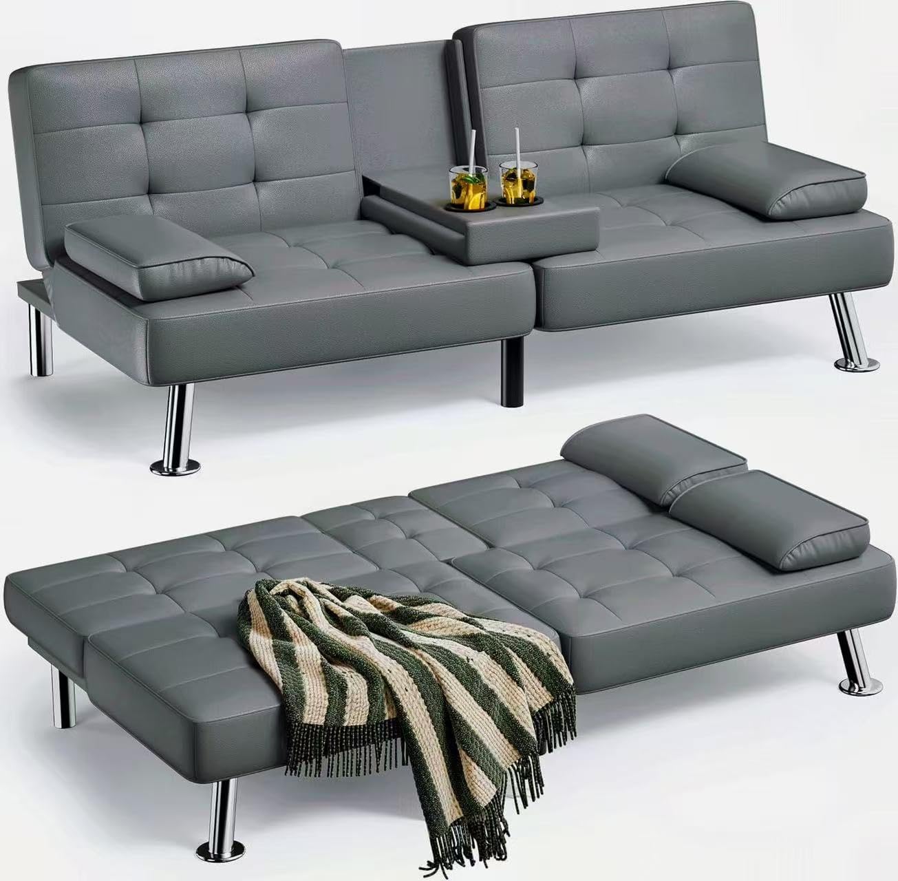 Homall Futon Sofa Bed, Leather Futon Couch with Removable Armrests, Adjustable Recliner Sleeper Sofa Bed with Dual Cup Holders for Living Room, Apartment, Office (Black)
