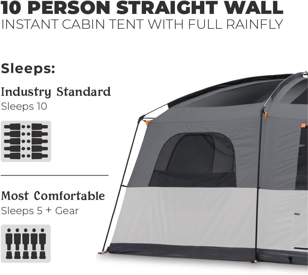 CORE Straight Wall Cabin Tents | 10 Person / 11 Person / 12 Person Large Multi Room Family Tents for Car Camping & Outdoor Adventures