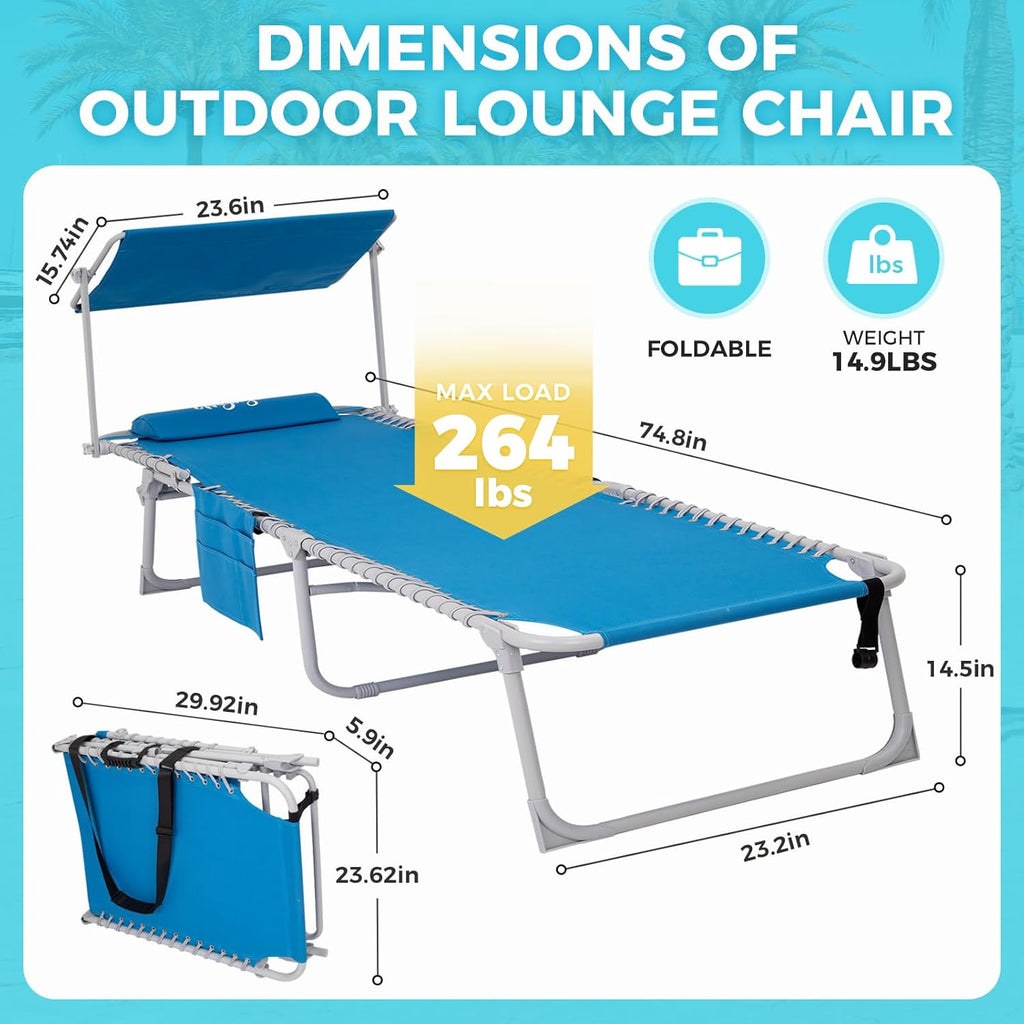 2 Pack Outdoor Chaise Lounge Chair - Portable Folding Patio Pool Lounge Chair, 5 Positions Adjustable Reclining Camping Chair with Side Table,Shoulder Strap, Pillow for Beach Sunbathing Lawn