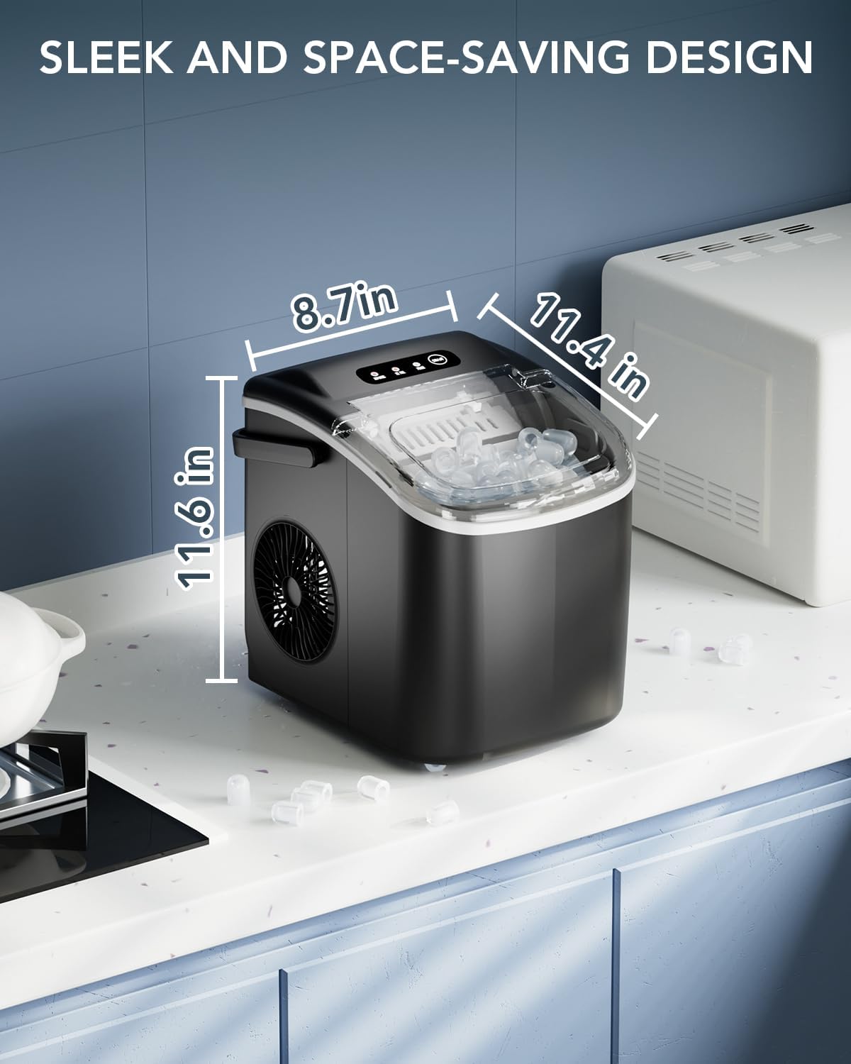 Ice Maker Countertop, Efficient Easy Carry Ice Machine, Self-Cleaning Ice Maker with Ice Scoop & Basket, 9pcs/ 8mins 26.6Lbs Per Day for Home/Office/Kitchen,Black