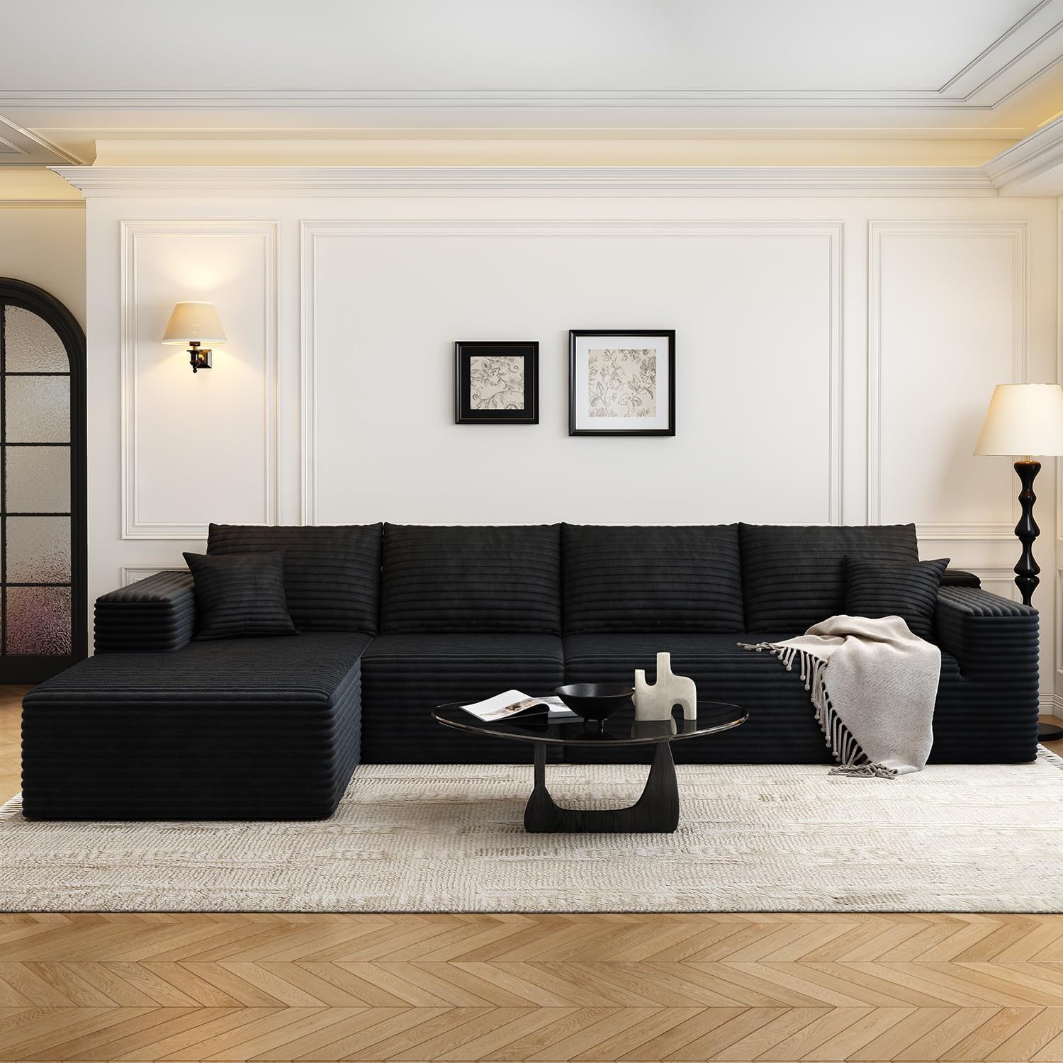107.5" Cloud Modular Sectional Sofa Couch with L-Shape Chaise,Modern Minimalist Upholstered Couches for Living Room Bedroom,Deep Seat Corner Couch，No Assembly Required (Black,Left Facing Chaise)