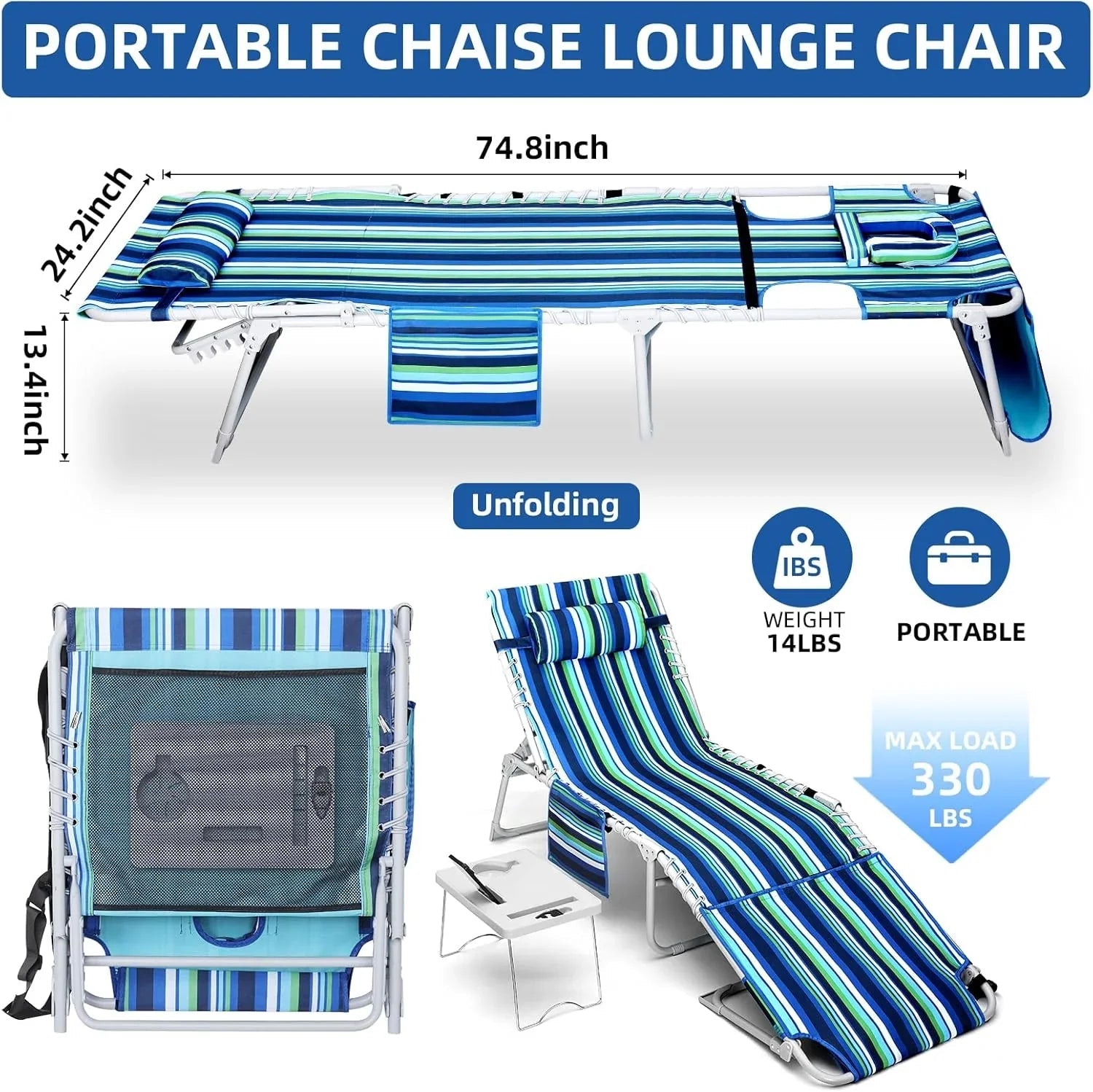 3-in-1 Beach Chair Face Holes Lounge Chair Outdoor with Folding Side Table 5-Position Recliner