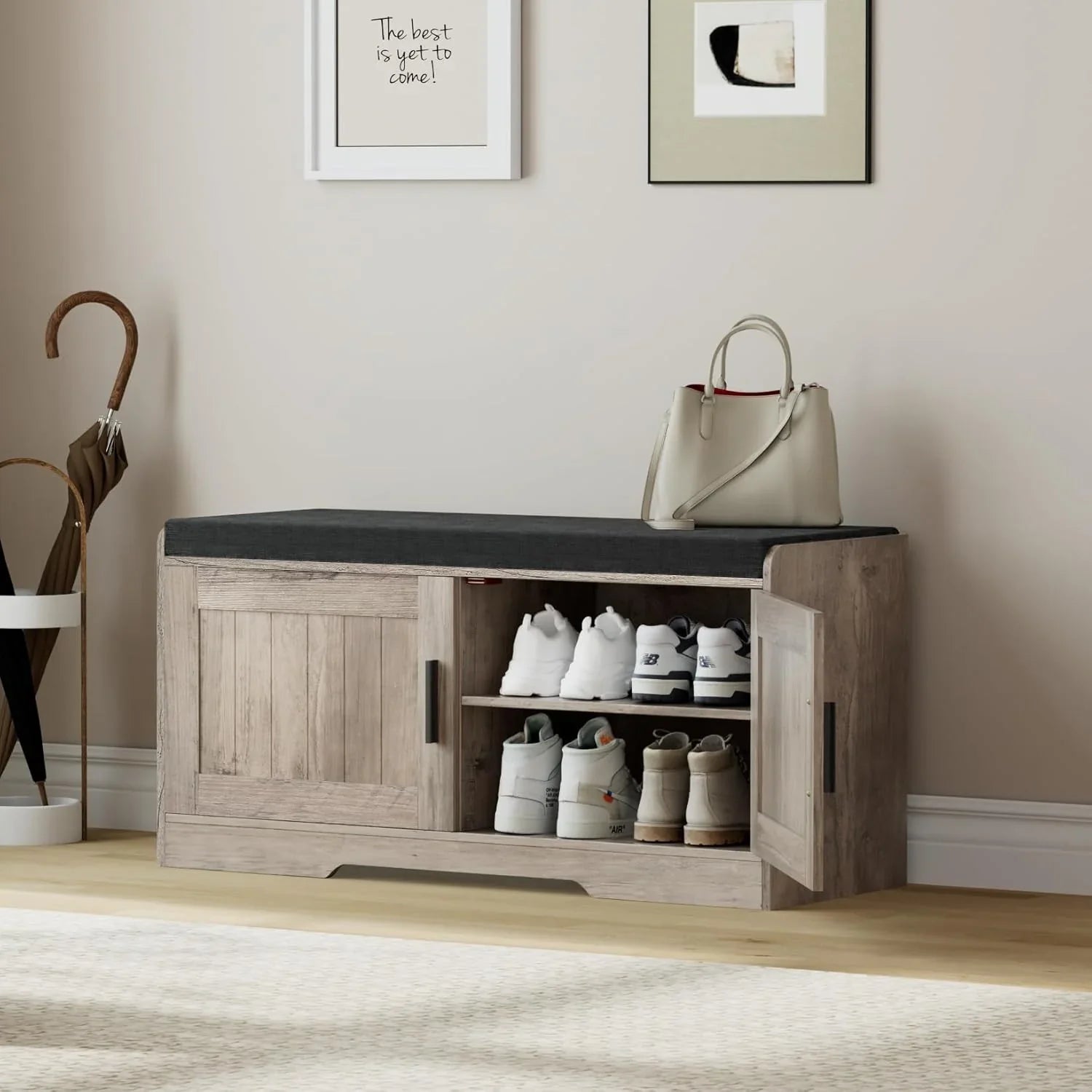 2-Tier Storage Bench Shoe Bench with Thickened Padded Seat Cushion Entryway Bench