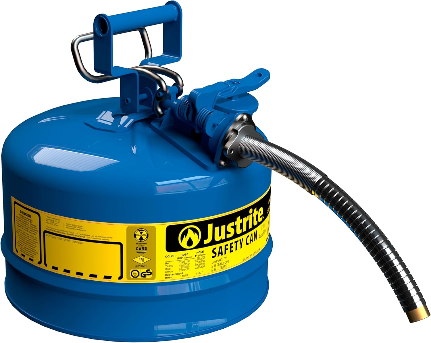 Justrite 5-Gallon Type II Red Safety Gas Can OSHA-Approved Steel Fuel Container with Flame Arrester, Self-Closing Lid & 1" Flexible Spout (7250130)