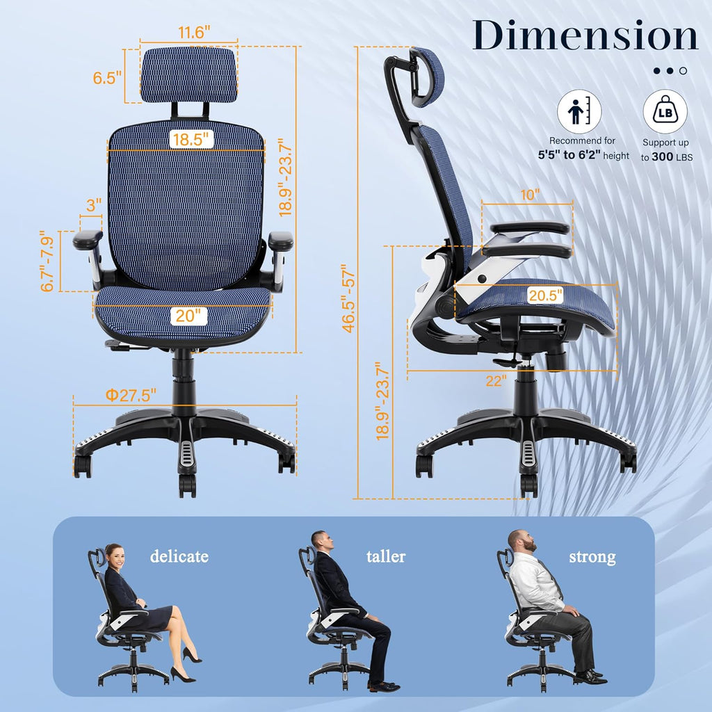 GABRYLLY Ergonomic Office Chair, High Back Home Desk Chair with Headrest, Flip-Up Arms, 90-120° Tilt Lock and Wide Cushion, Big and Tall Mesh Chairs for Man Woman, Black Task Chair