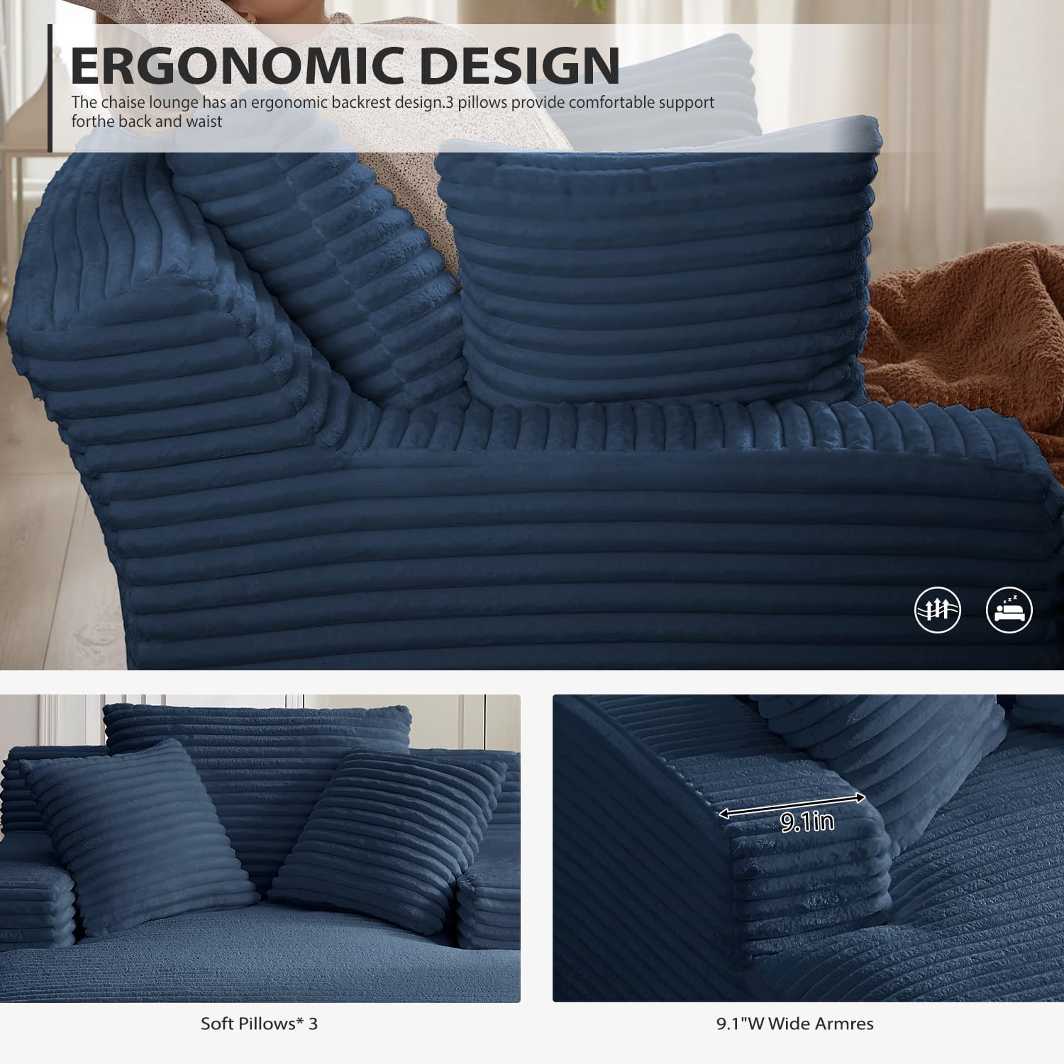 50 Inch Chaise Lounge Chair Indoor, Oversized Corduroy Upholstered Boneless Sofa Bed, Deep Seat Sleeper Couch Reading Chairs, Cloud Sofas Couches for Living Room, No Assembly Required (Dark Grey)