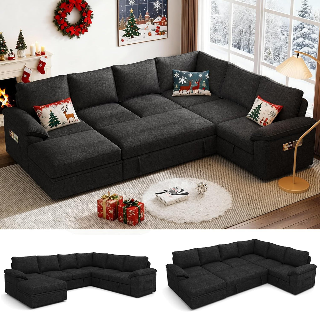 108 Inch Sectional Sleeper Sofa with Pull Out Bed, U Shaped 7 Seat Modular Sectional Sofa