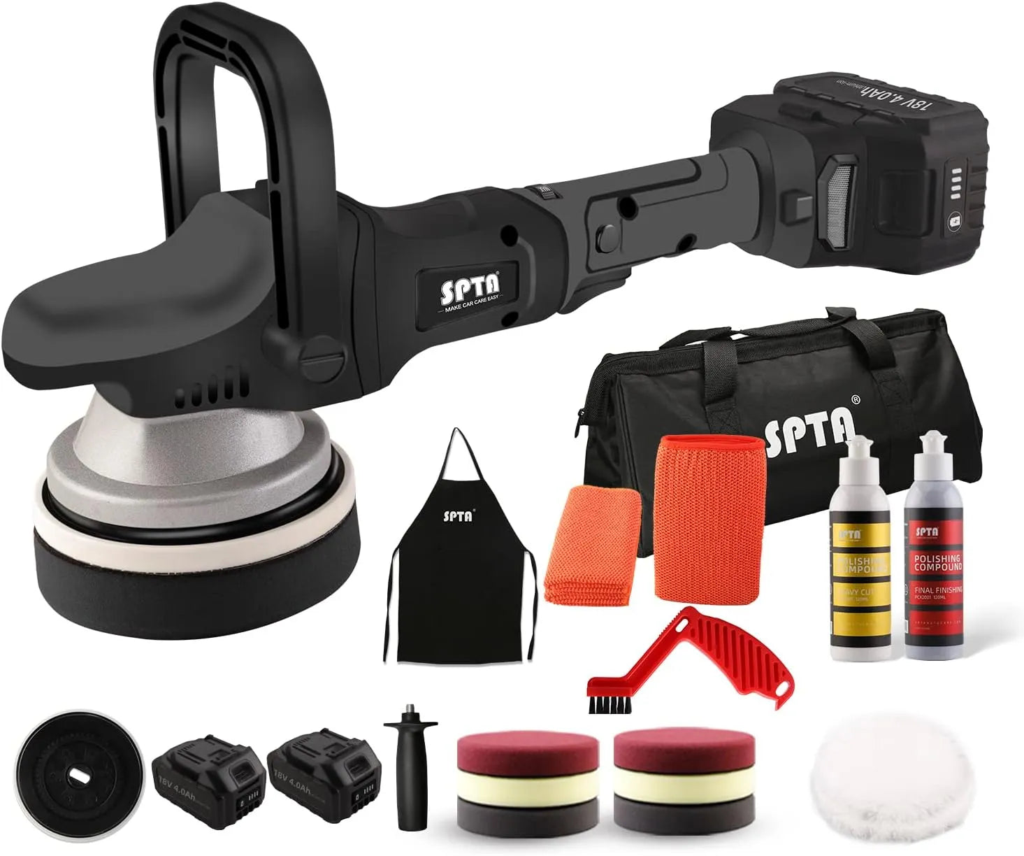 18V Cordless Car Polisher, 15mm Orbit 2000-4800 OPM Portable Buffer Polisher with 7 Variable Speed 2Pcs 4.0Ah Battery, 6 Sponge Pads,2 Wool Pad, Tool Bag for Car Polishing, Waxing