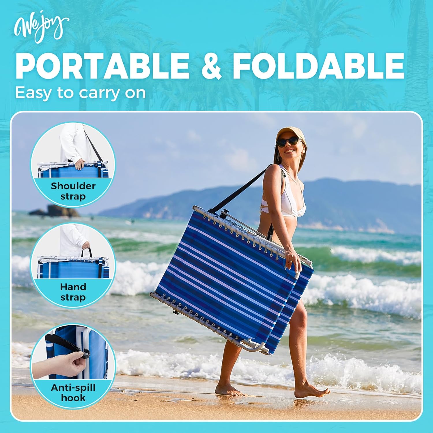 2 Pack Outdoor Chaise Lounge Chair - Portable Folding Patio Pool Lounge Chair, 5 Positions Adjustable Reclining Camping Chair with Side Table,Shoulder Strap, Pillow for Beach Sunbathing Lawn