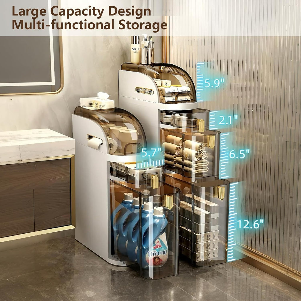 4-Tiers Narrow Bathroom Storage Cabinet 7.1 Slim Bathroom Floor Organizer with Drawers and Tissue Box Plastic Waterproof Mobile Locker