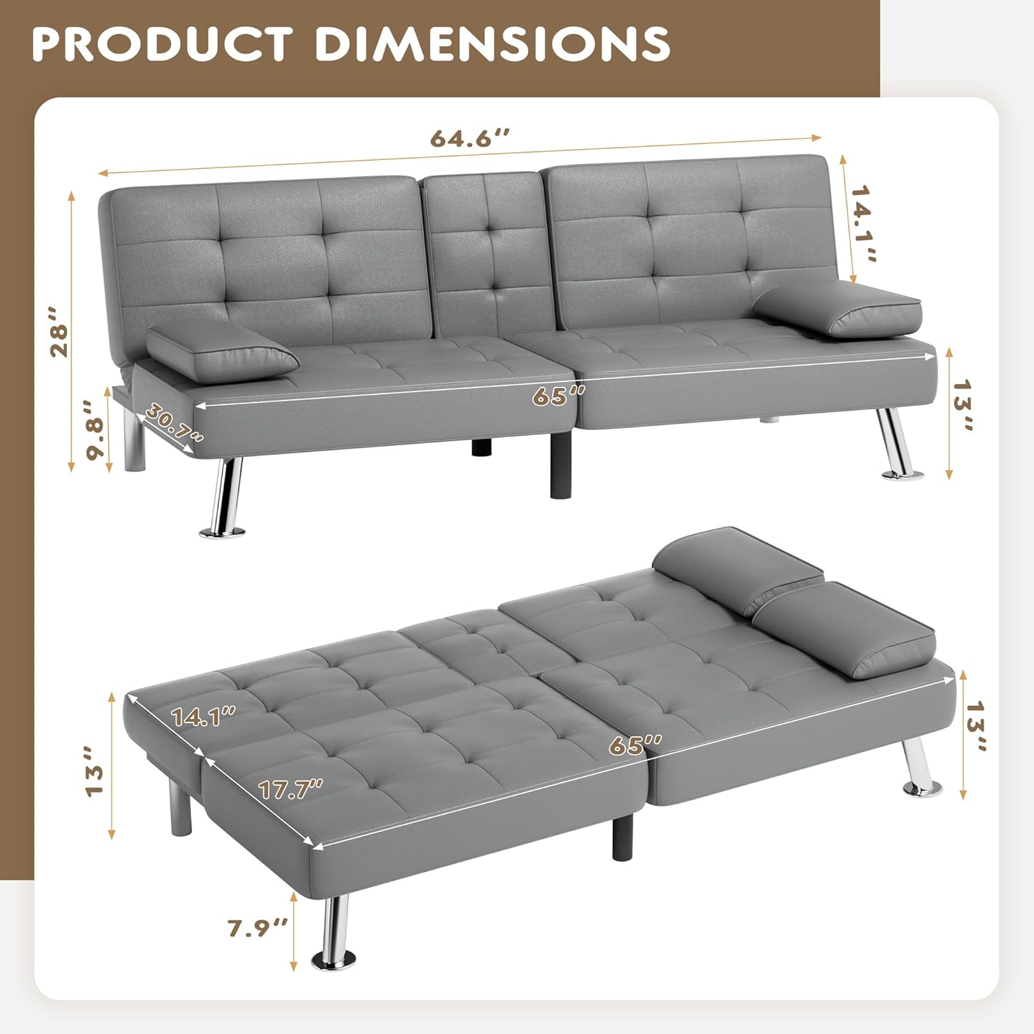 Homall Futon Sofa Bed, Leather Futon Couch with Removable Armrests, Adjustable Recliner Sleeper Sofa Bed with Dual Cup Holders for Living Room, Apartment, Office (Black)