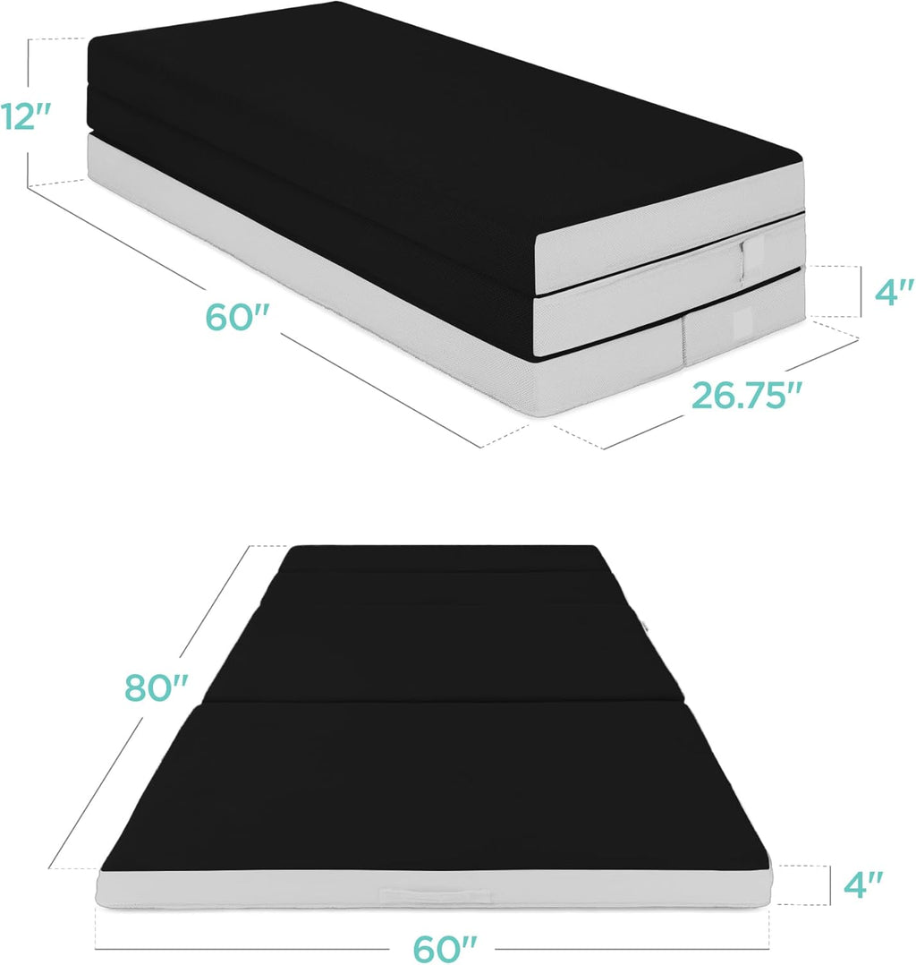 4in Portable Queen-Size Mattress, Tri-Fold Mattress for Camping, Guest, Toddler