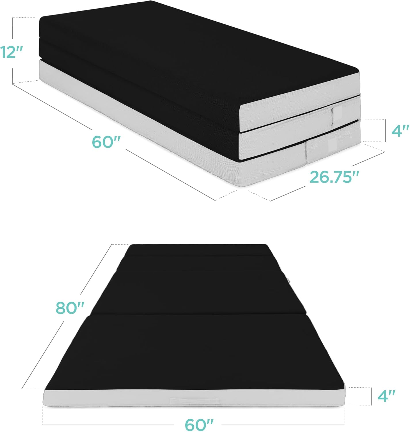 4in Portable Queen-Size Mattress, Tri-Fold Mattress for Camping, Guest, Toddler