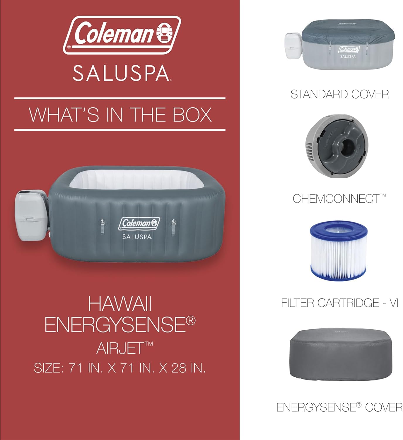 4 to 6 Person Inflatable Hot Tub Square Portable Outdoor Spa with 114 Soothing AirJets and Insulated Cover, Gray-Coleman