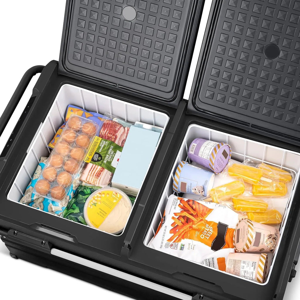 48 Qt. Portable 12v Electric Cooler with LG Compressor, Fridge and Freezer, Rugged Wheels, and Solar Power Input, Perfect Plug-In Cooler for Camping, Trucks, Travel, Car and Home